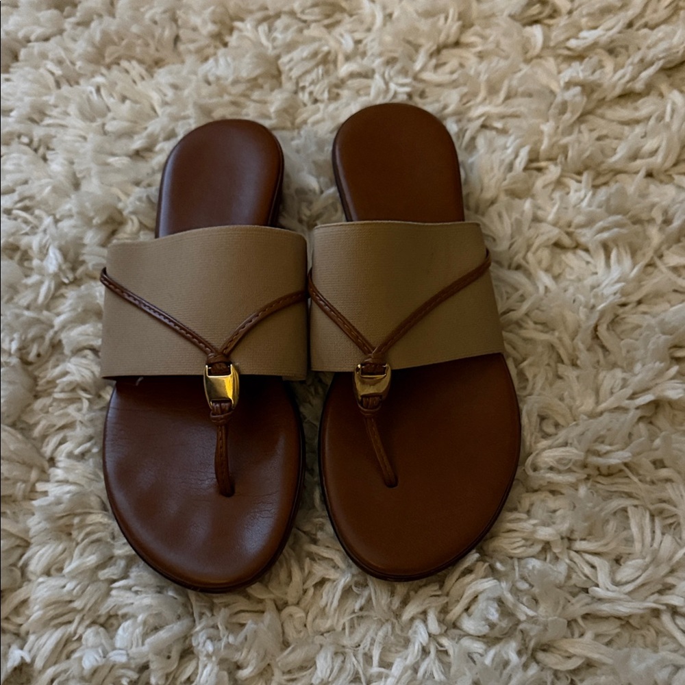 Women’s Tan and Brown Slide Sandals with Gold Accent